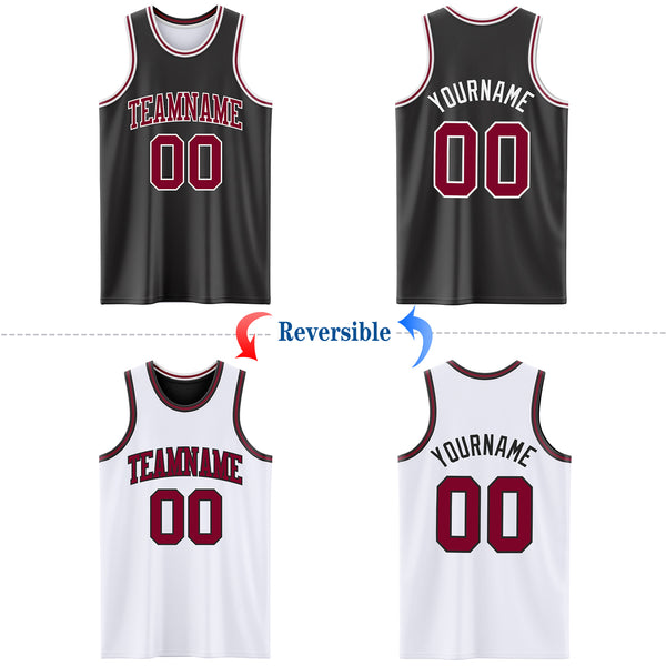 Custom Reversible Black Maroon-White Double Side Basketball Jersey