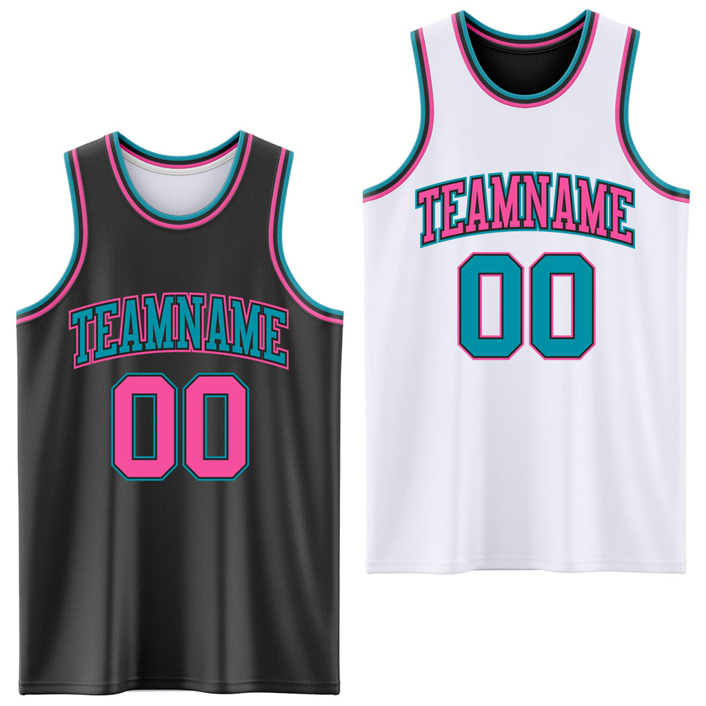 Custom Reversible Black Pink-Teal Double Side Authentic Basketball Jersey