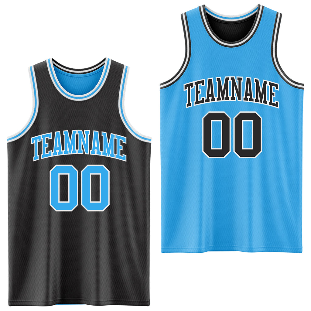 Custom Reversible Black Sky Blue-White Double Side Authentic Basketball Jersey