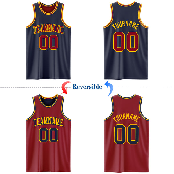 Custom Reversible Navy Maroon-Gold Double Side Basketball Jersey