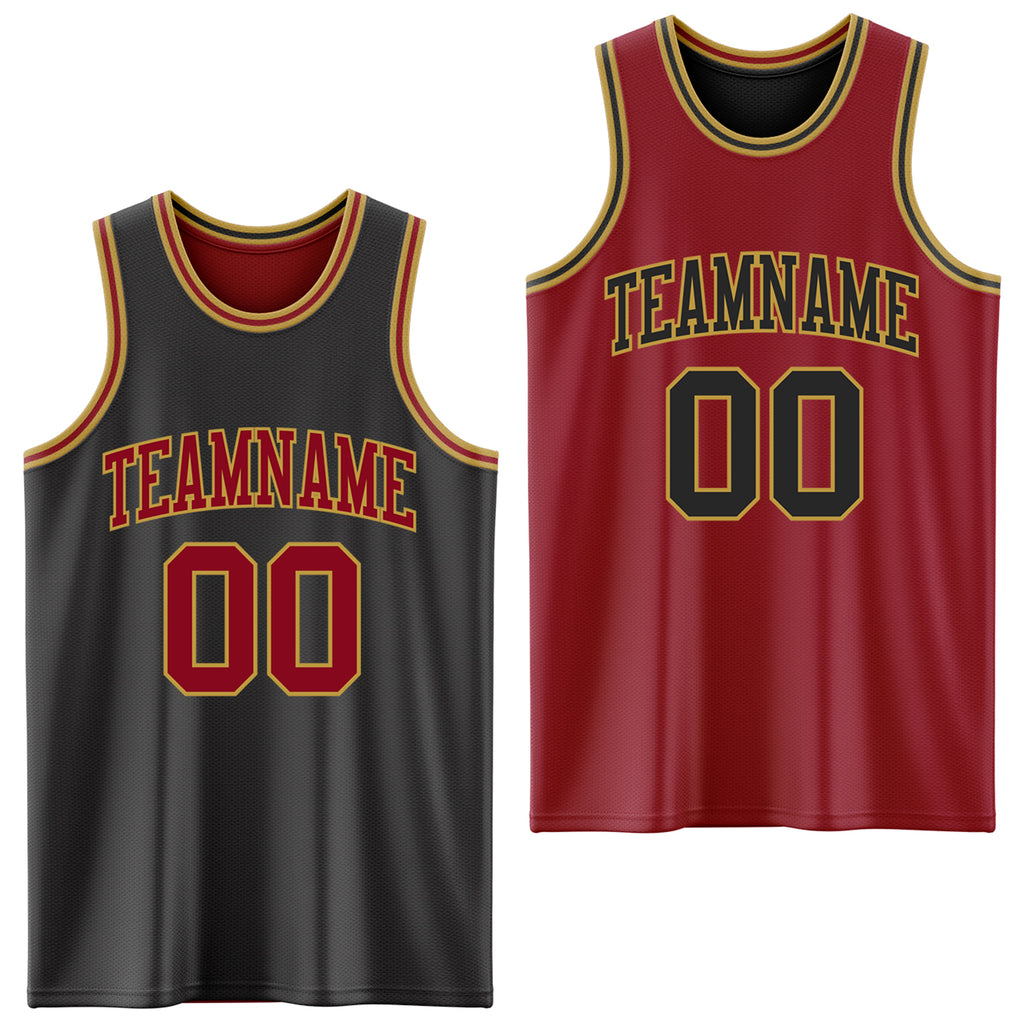 Custom Reversible Black Maroon-Old Gold Double Side Basketball Jersey