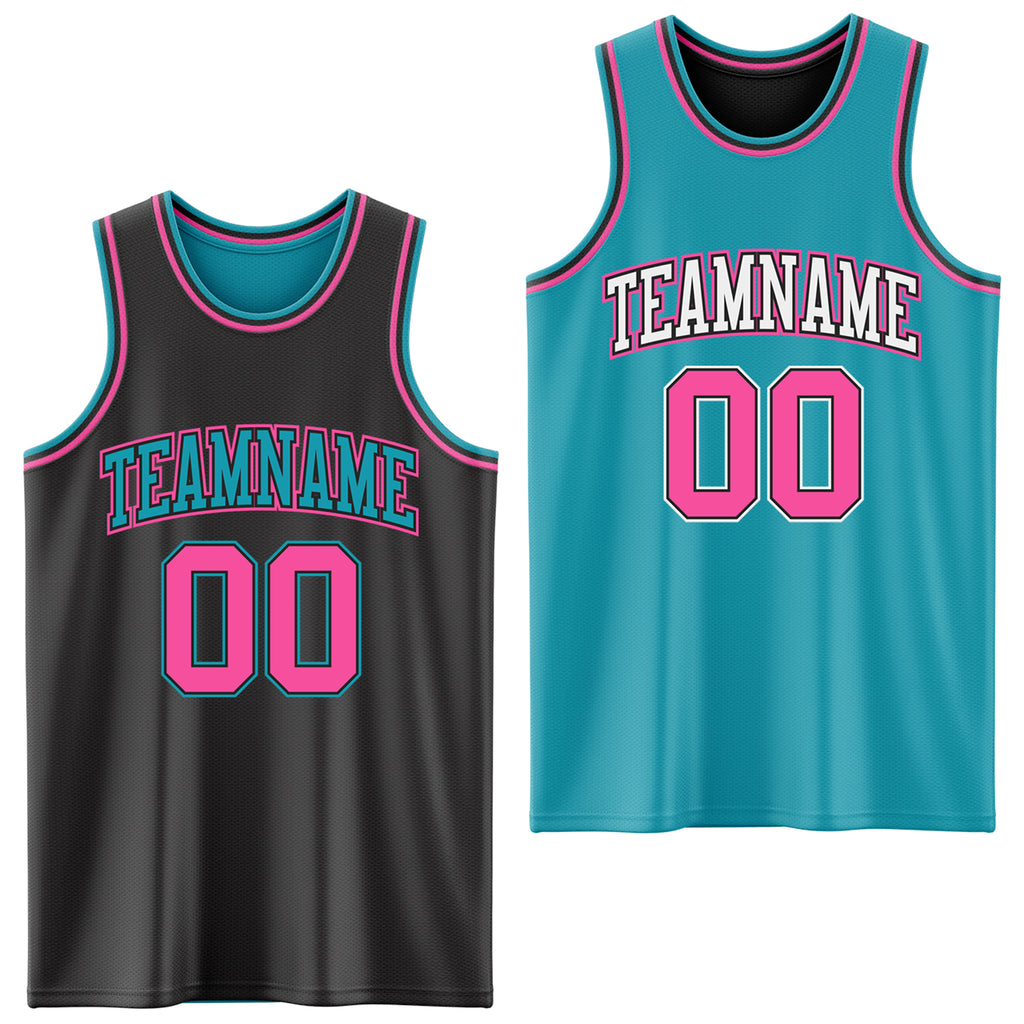 Custom Reversible Black Pink-Teal Double Side Basketball Jersey