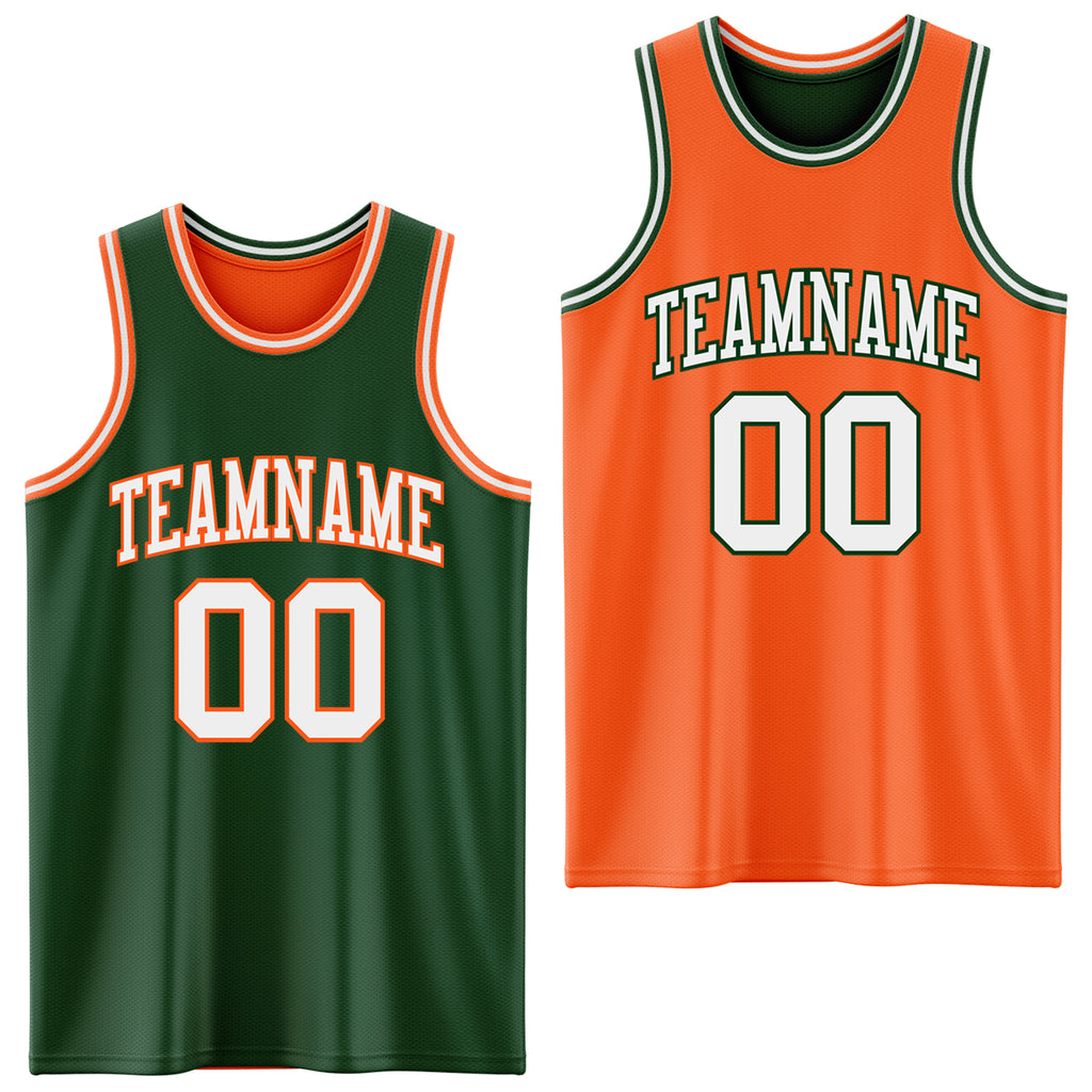 Custom Reversible Green White-Orange Double Side Basketball Jersey