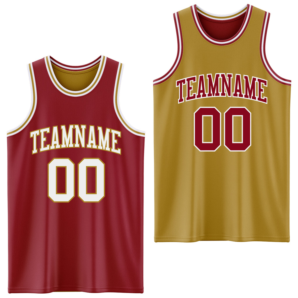 Custom Reversible Maroon White-Old Gold Double Side Basketball Jersey