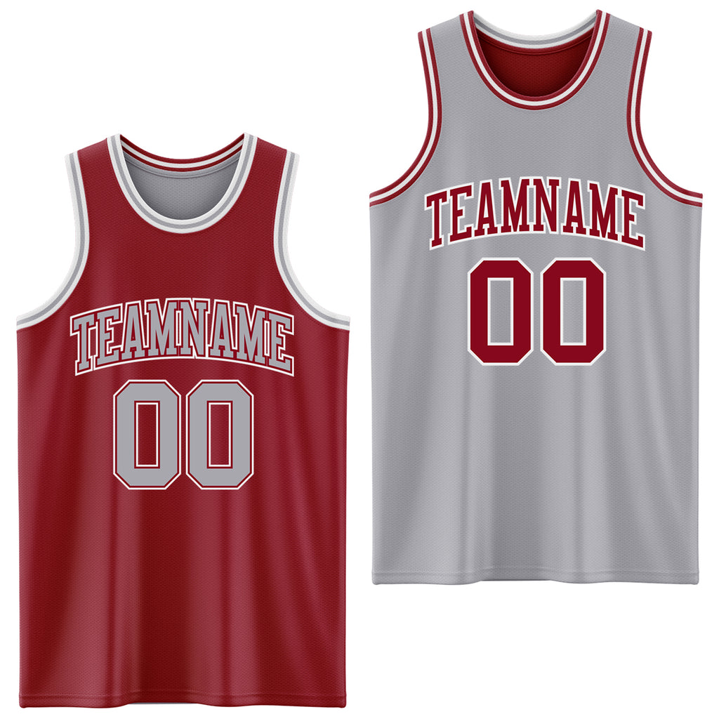 Custom Reversible Maroon Gray-White Double Side Basketball Jersey