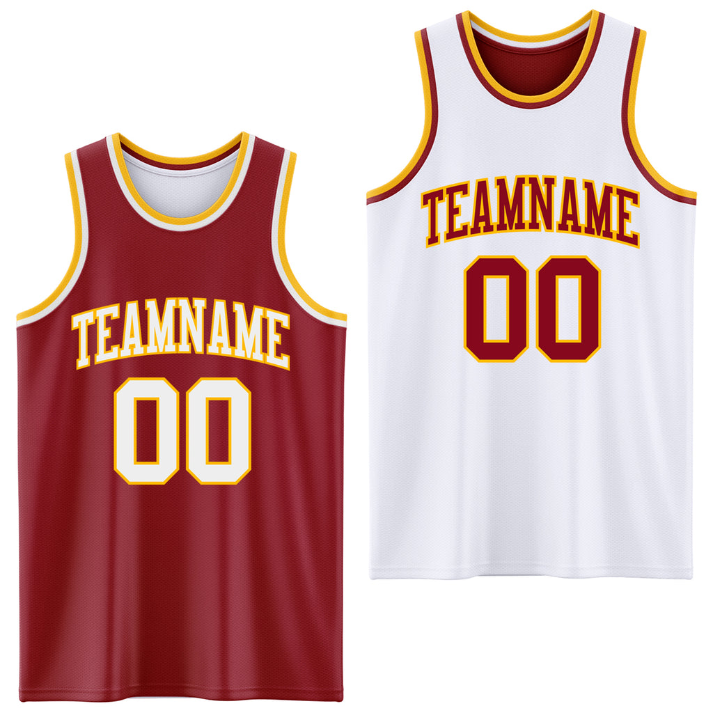 Custom Reversible Maroon White-Gold Double Side Basketball Jersey