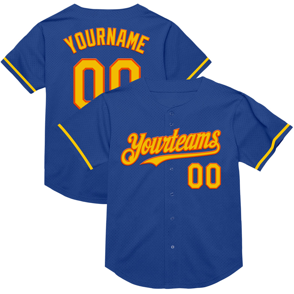 Custom Royal Yellow-Orange Mesh Authentic Throwback Baseball Jersey