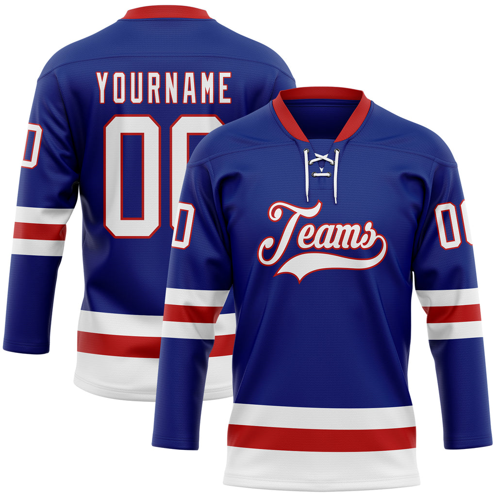 Custom Royal White-Red Hockey Lace Neck Jersey