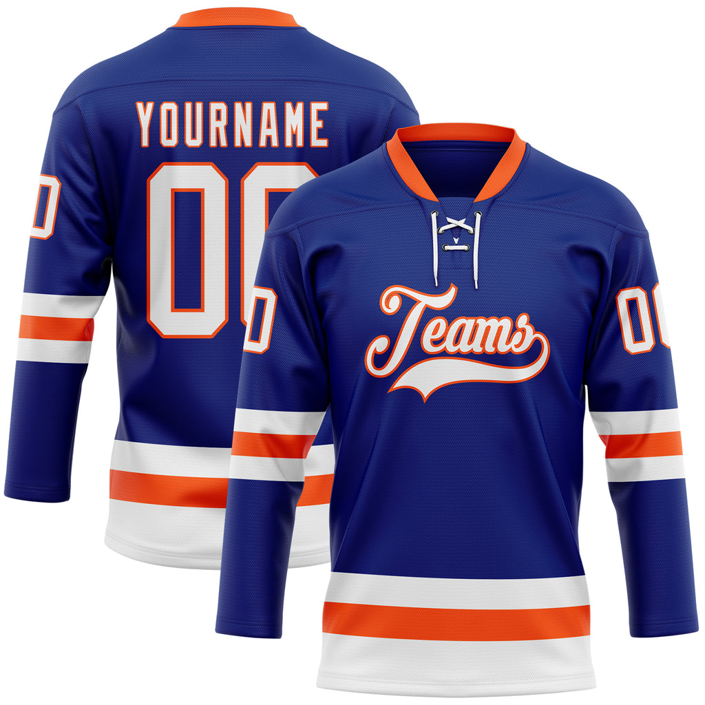 Custom Royal White-Orange Hockey Lace Neck Jersey