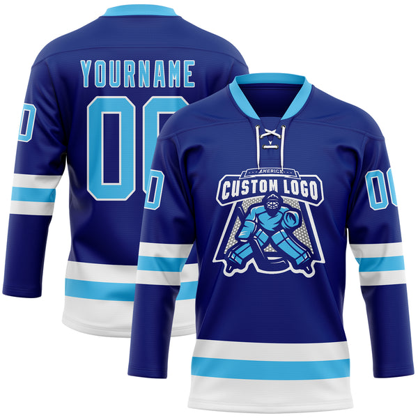 Custom Royal Sky Blue-White Hockey Lace Neck Jersey