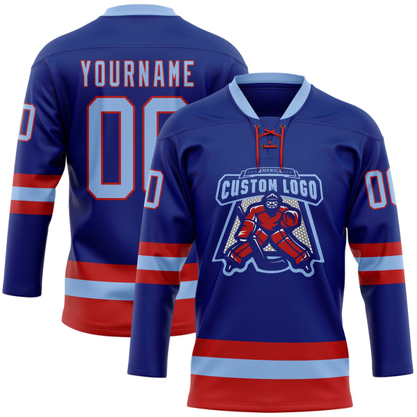 Custom Royal Light Blue-Red Hockey Lace Neck Jersey