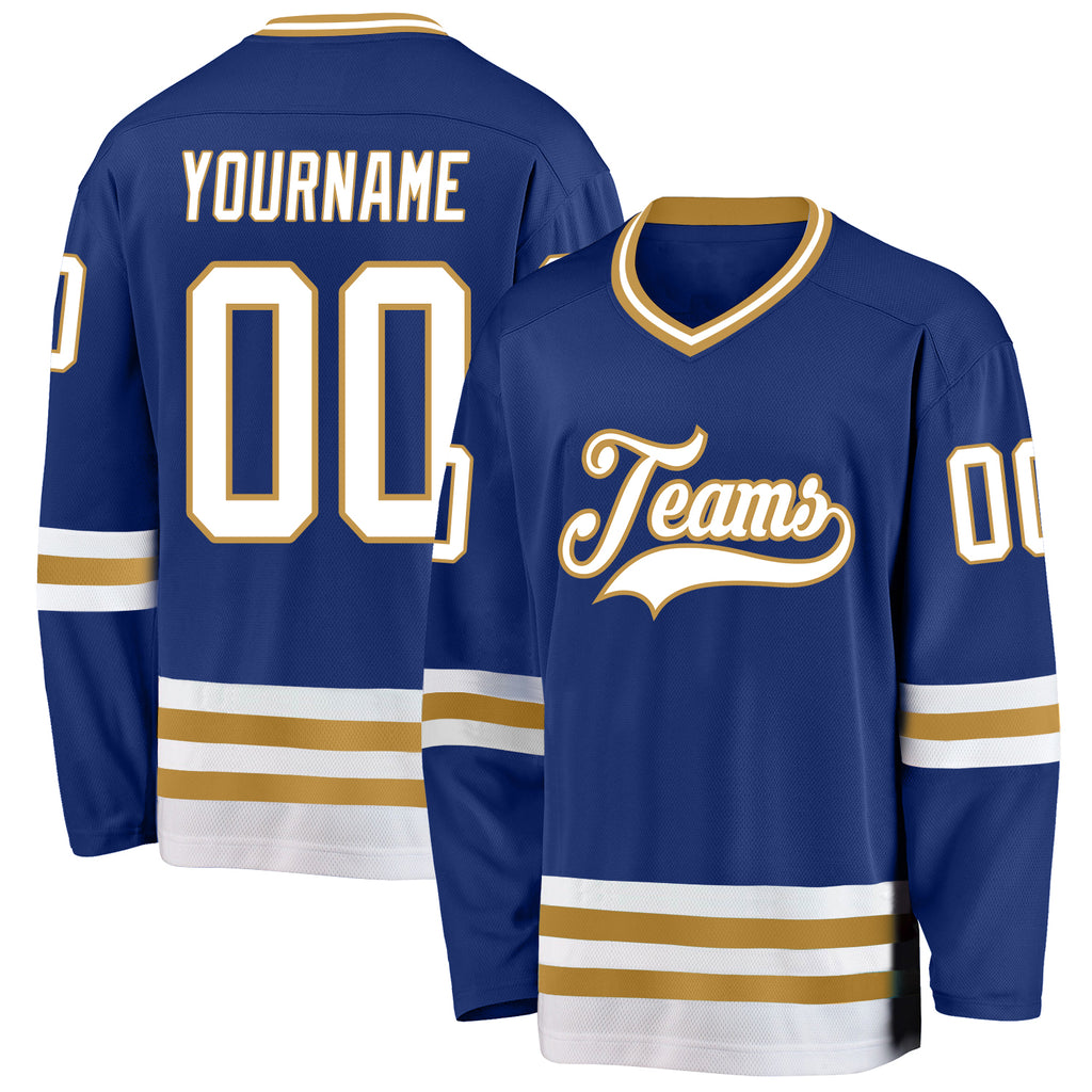 Custom Royal White-Old Gold Hockey Jersey