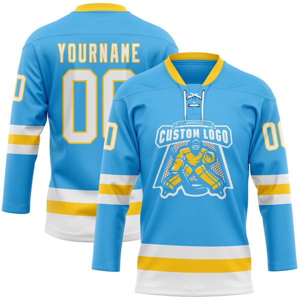 Custom Sky Blue White-Yellow Hockey Lace Neck Jersey