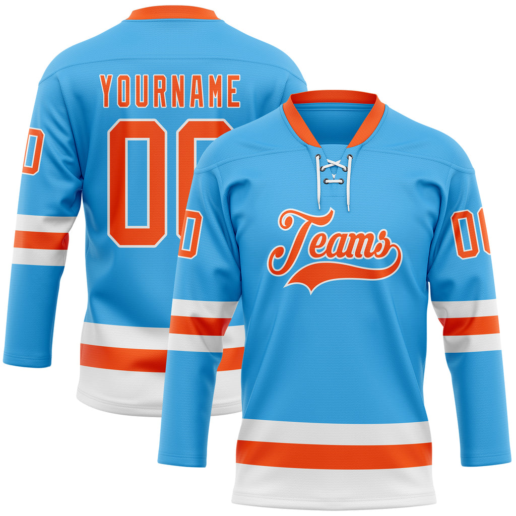 Custom Sky Blue Orange-White Hockey Lace Neck Jersey