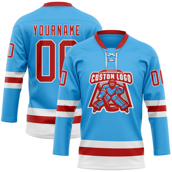 Custom Sky Blue Red-White Hockey Lace Neck Jersey