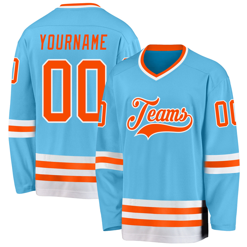 Custom Sky Blue Orange-White Hockey Jersey