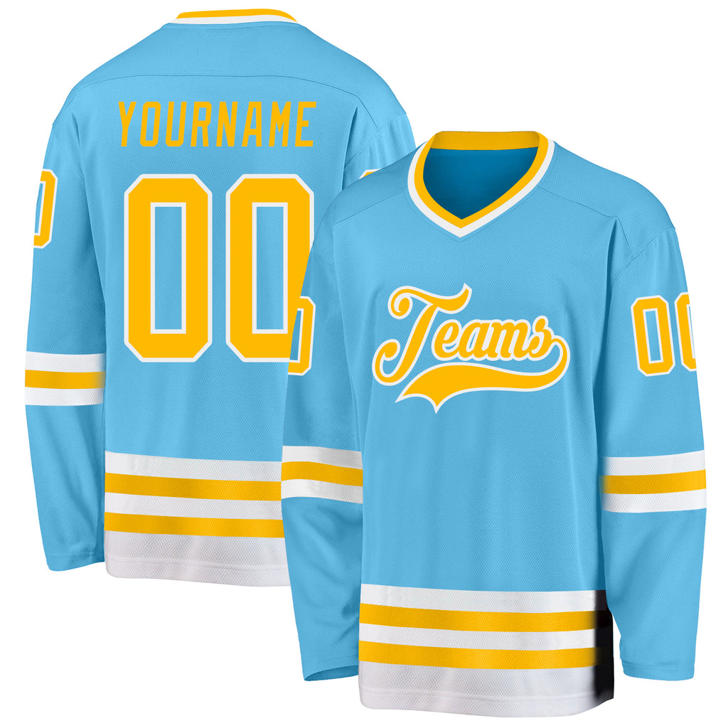 Custom Sky Blue Gold-White Hockey Jersey