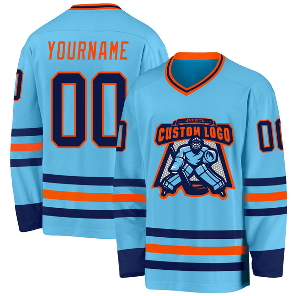 Custom Sky Blue Navy-Orange Hockey Jersey