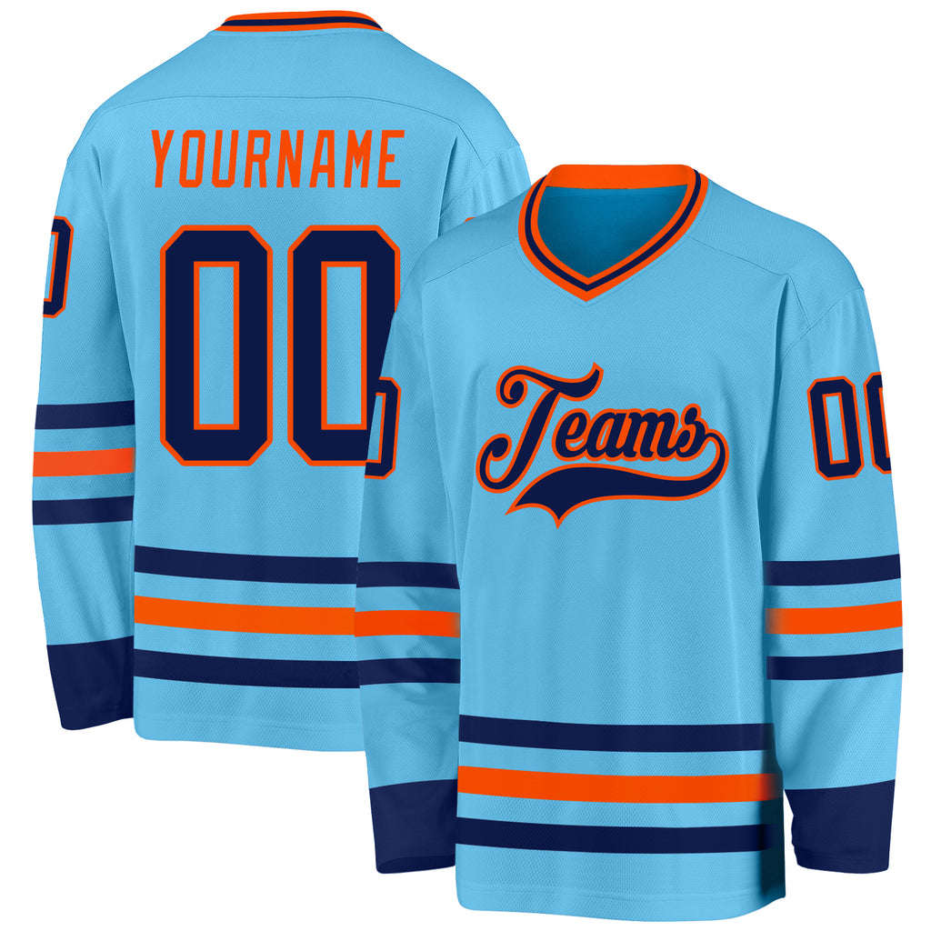 Custom Sky Blue Navy-Orange Hockey Jersey