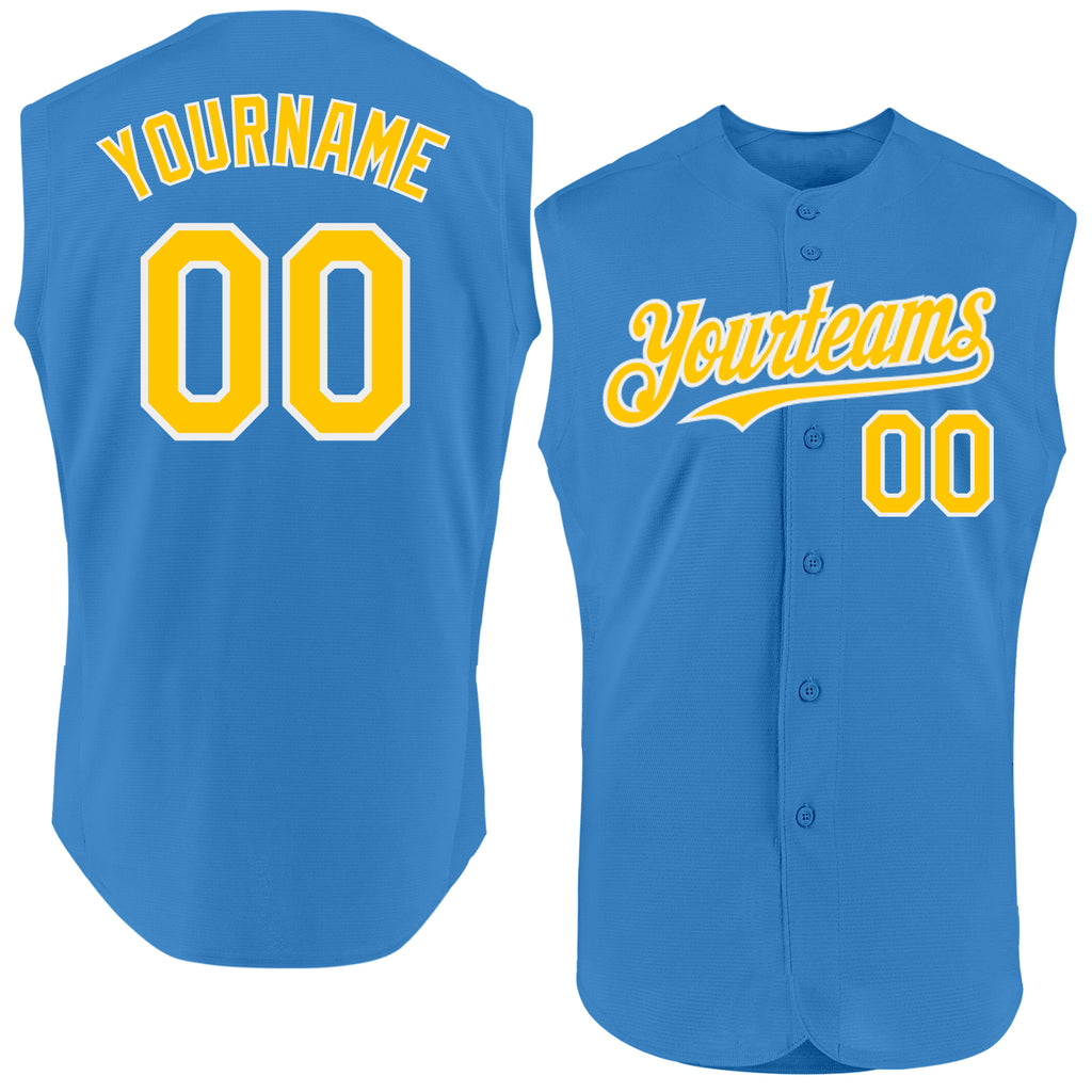 Custom Powder Blue Yellow-White Authentic Sleeveless Baseball Jersey