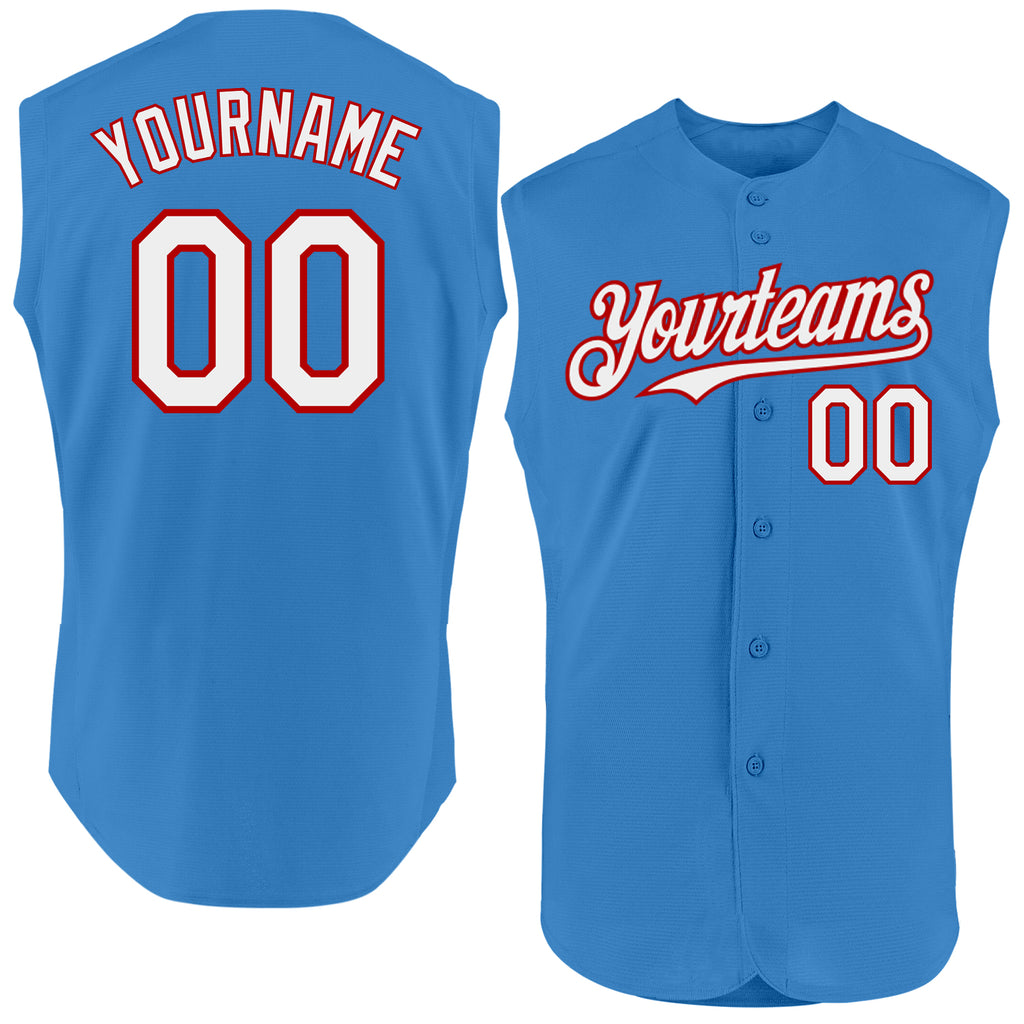 Custom Powder Blue White-Red Authentic Sleeveless Baseball Jersey