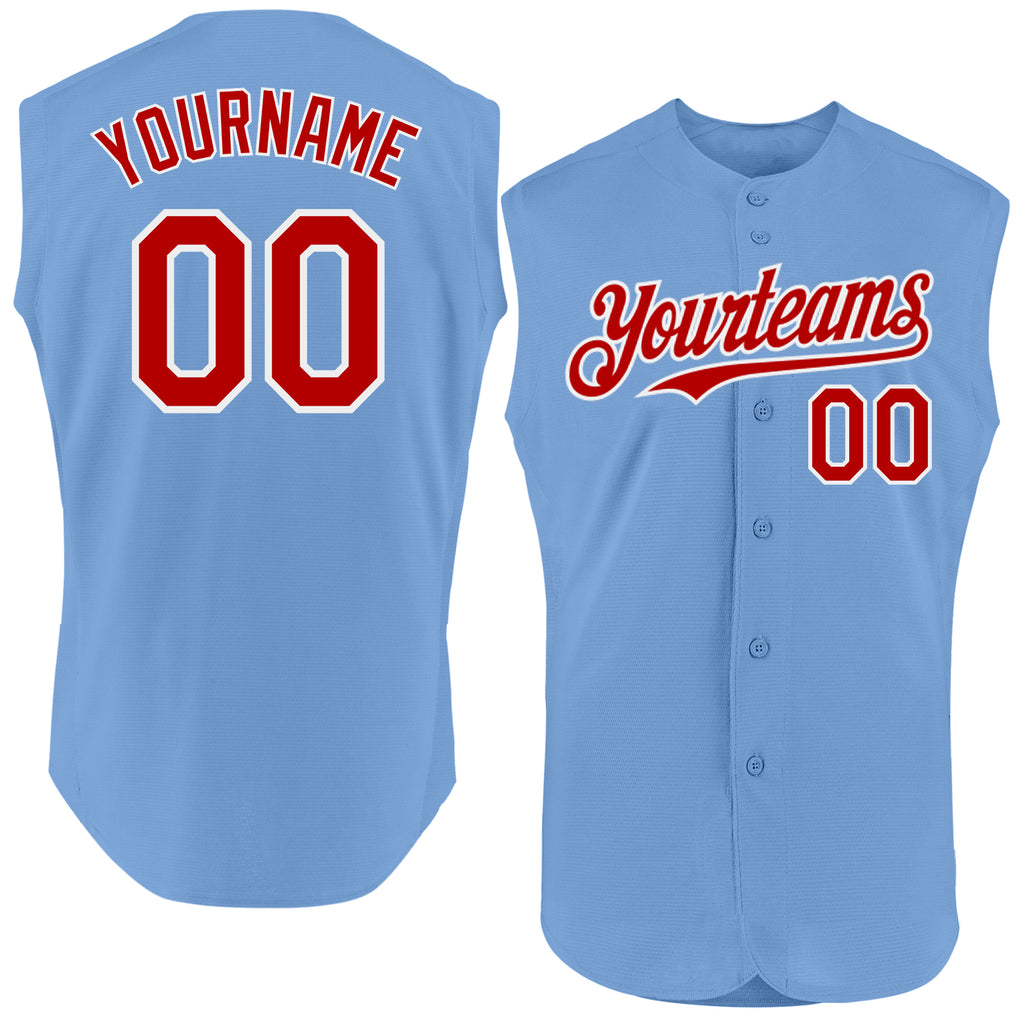 Custom Light Blue Red-White Authentic Sleeveless Baseball Jersey