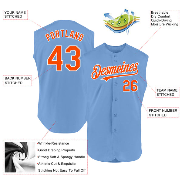 Custom Light Blue Orange-White Authentic Sleeveless Baseball Jersey