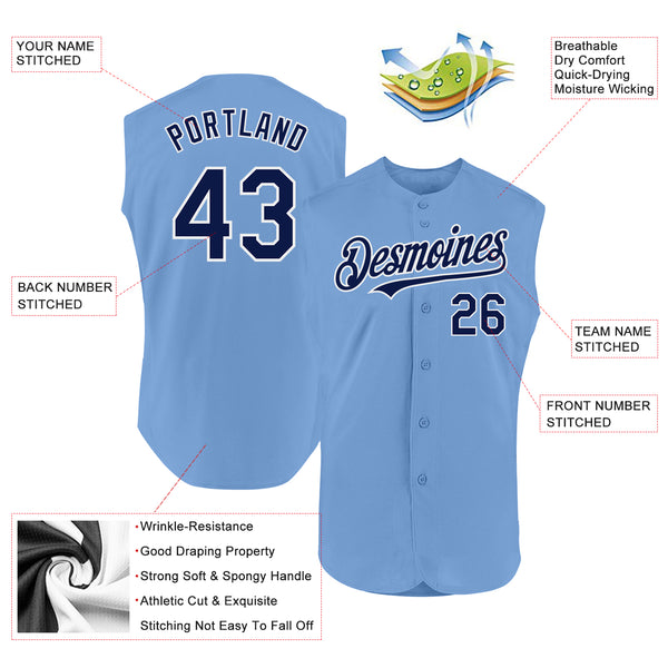 Custom Light Blue Navy-White Authentic Sleeveless Baseball Jersey