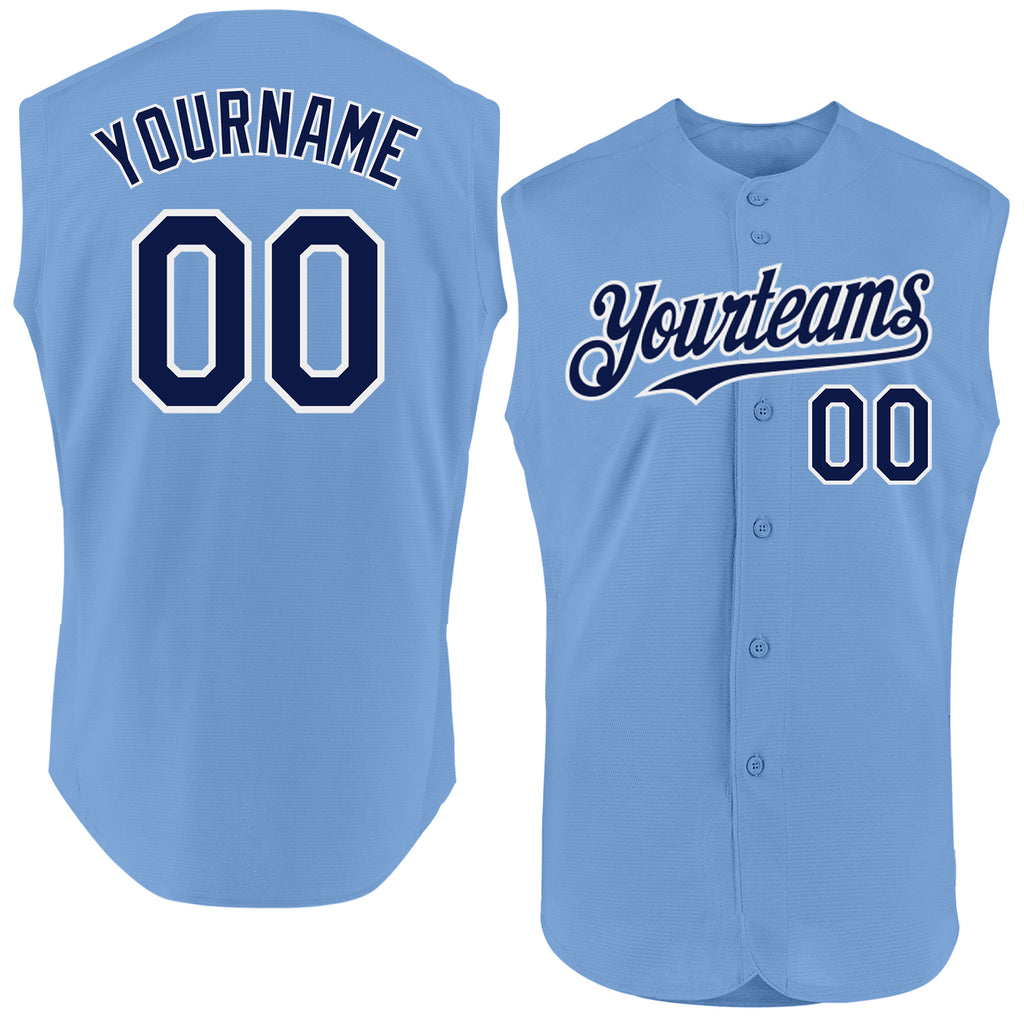 Custom Light Blue Navy-White Authentic Sleeveless Baseball Jersey