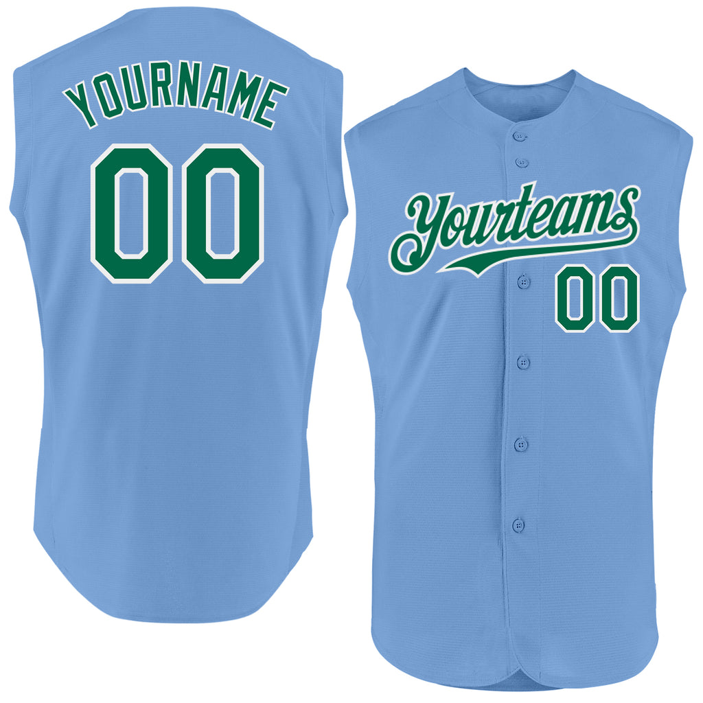 Custom Light Blue Kelly Green-White Authentic Sleeveless Baseball Jersey