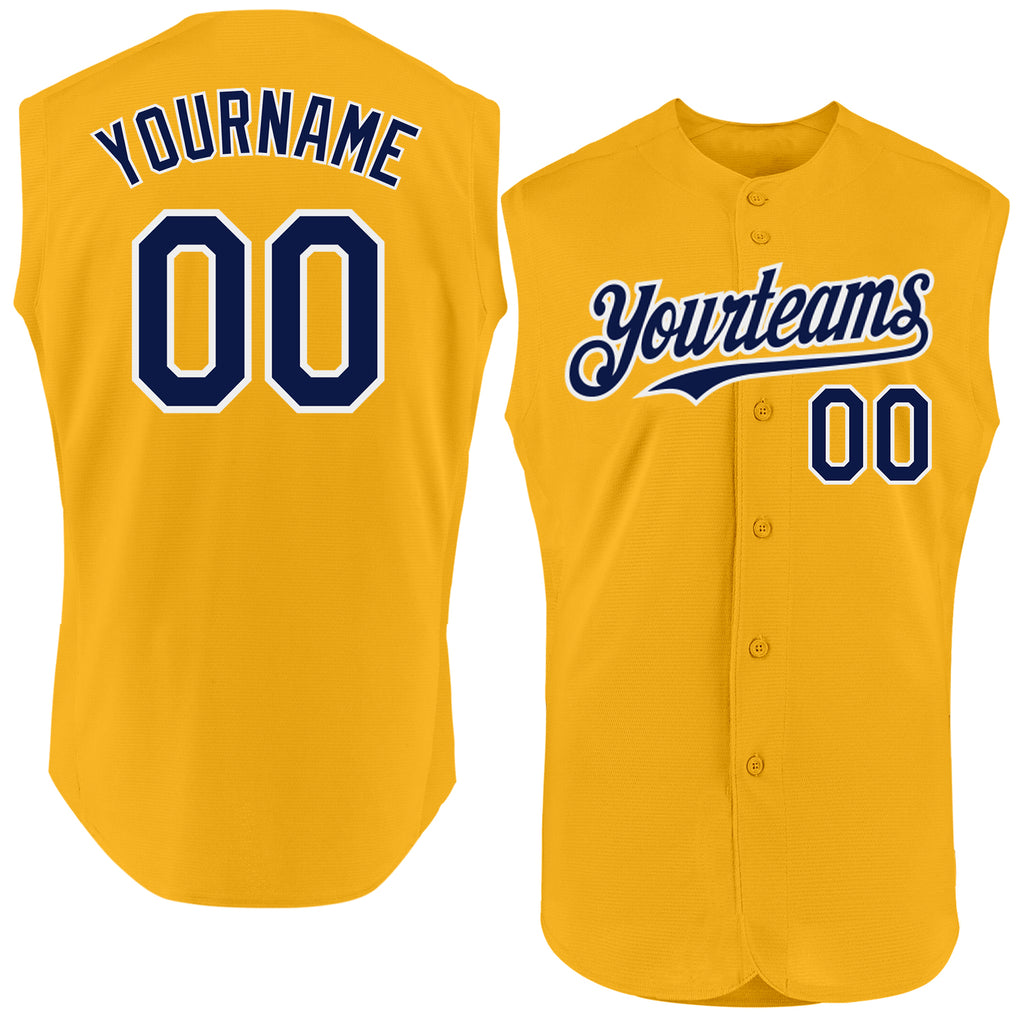 Custom Gold Navy-White Authentic Sleeveless Baseball Jersey