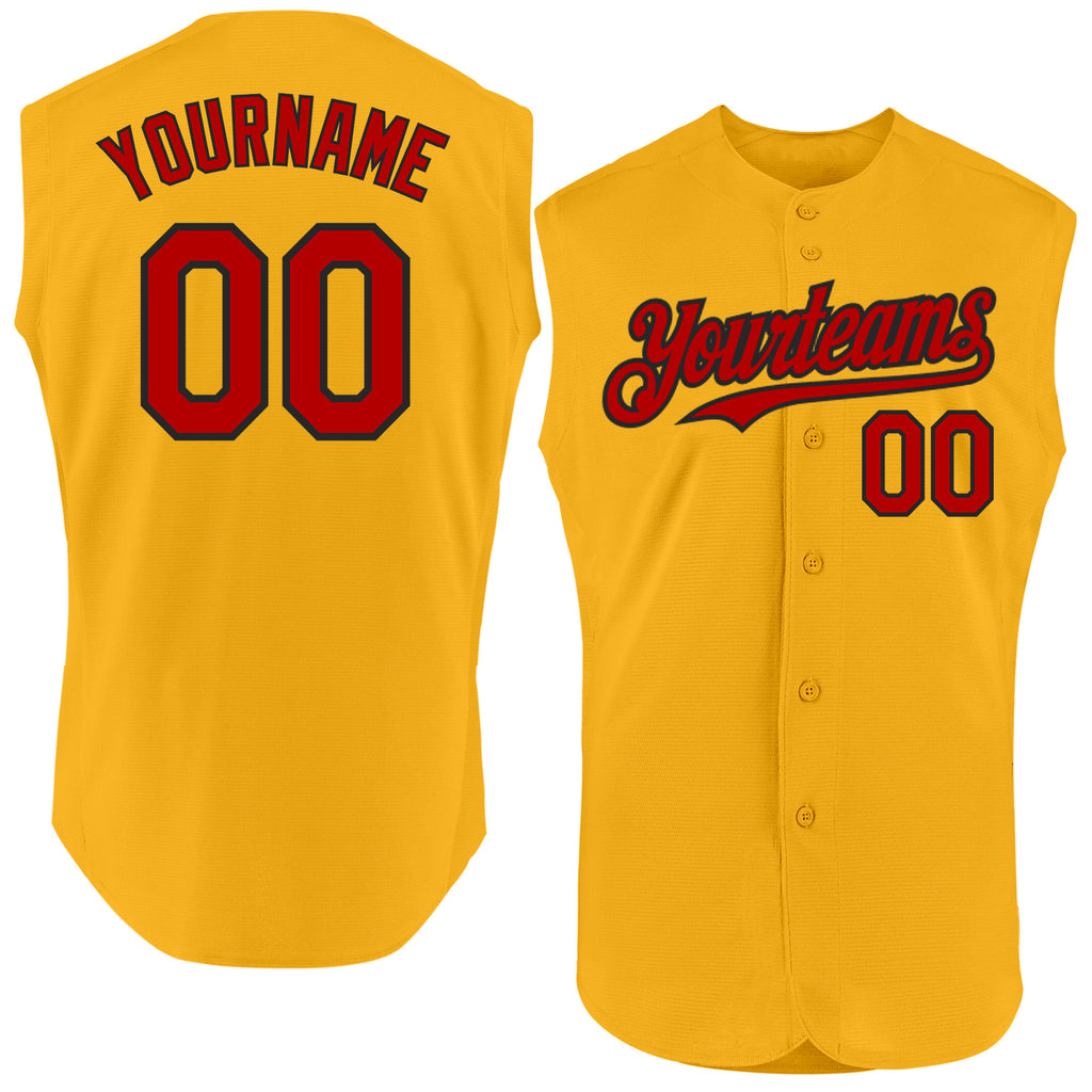 Custom Gold Red-Black Authentic Sleeveless Baseball Jersey