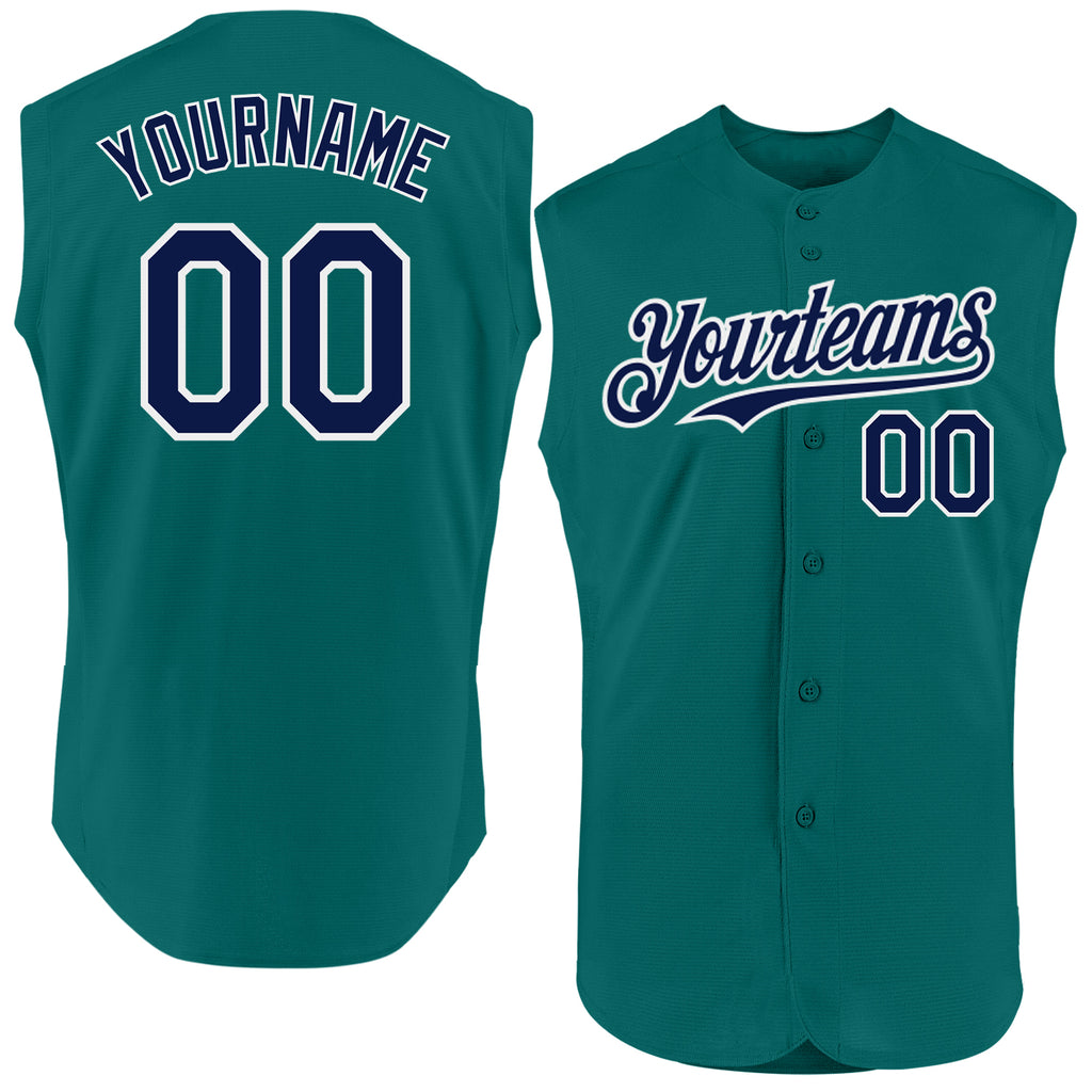 Custom Teal Navy-White Authentic Sleeveless Baseball Jersey