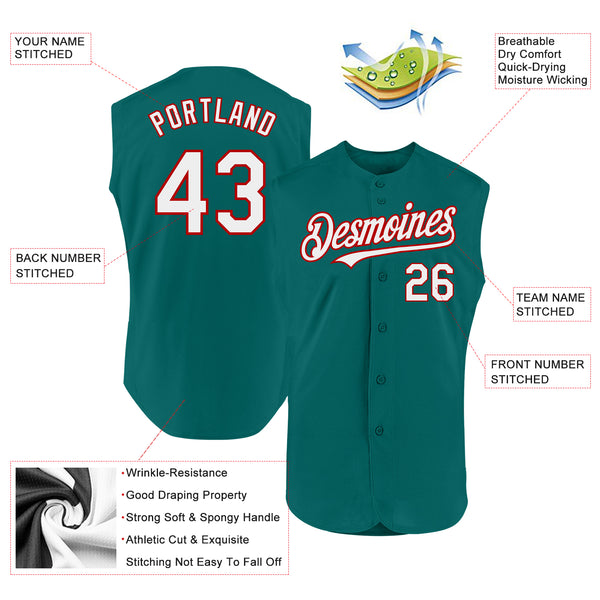 Custom Teal White-Red Authentic Sleeveless Baseball Jersey