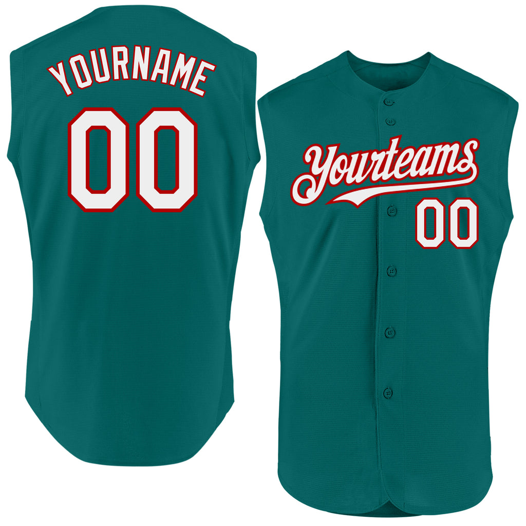 Custom Teal White-Red Authentic Sleeveless Baseball Jersey