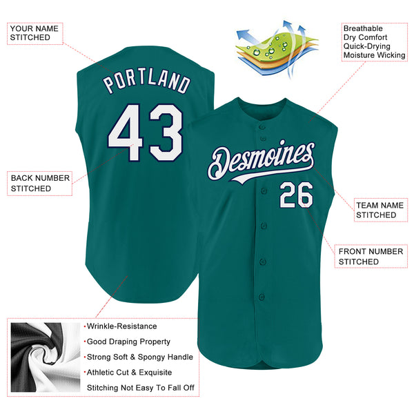 Custom Teal White-Navy Authentic Sleeveless Baseball Jersey