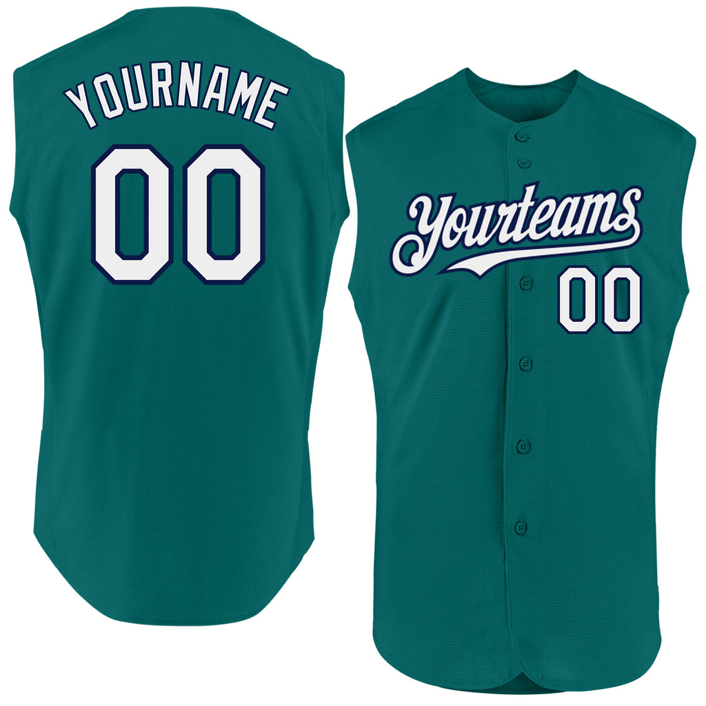 Custom Teal White-Navy Authentic Sleeveless Baseball Jersey