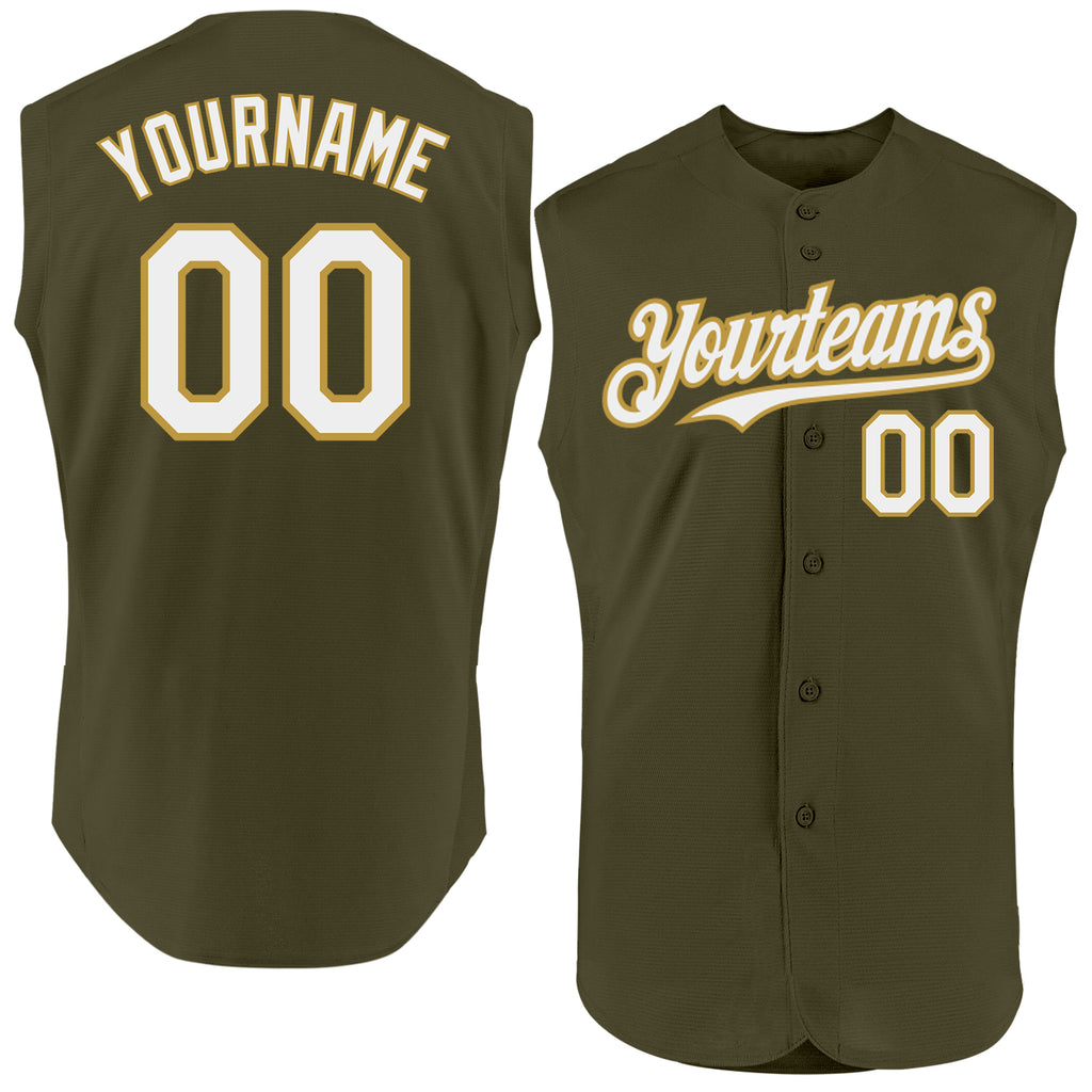 Custom Olive White-Old Gold Authentic Sleeveless Salute To Service Baseball Jersey