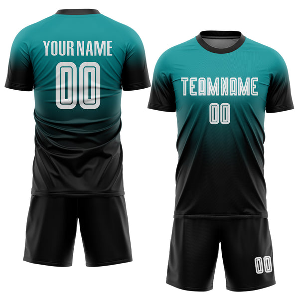 Custom Teal  White-Black Sublimation Fade Fashion Soccer Uniform Jersey