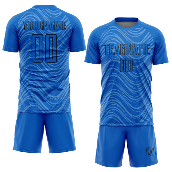 Custom Sky Blue Black Wavy Lines Sublimation Soccer Uniform Jersey