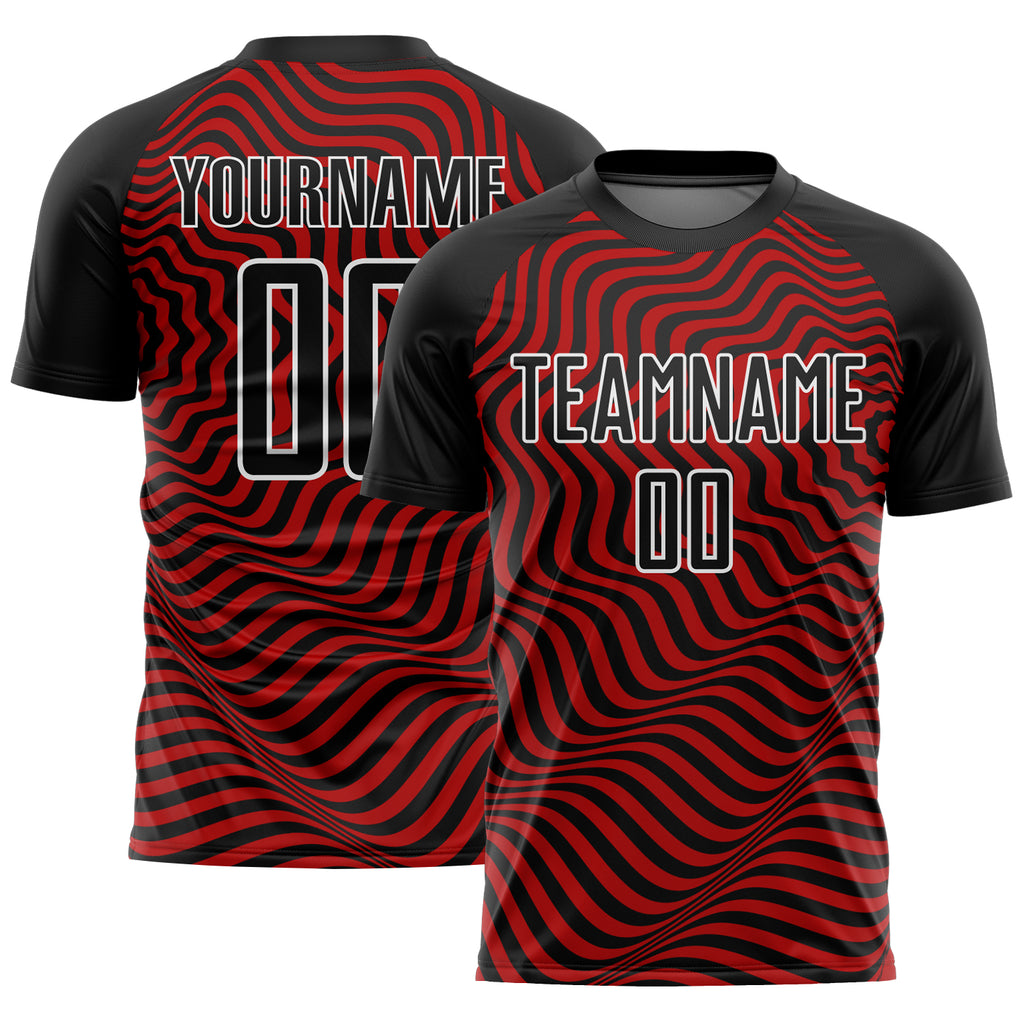 Custom Black Red-White Wavy Lines Sublimation Soccer Uniform Jersey