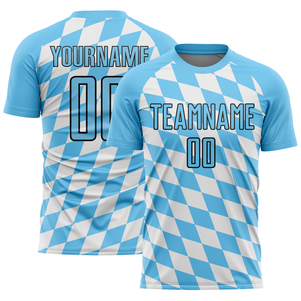 Custom White Sky Blue-Black Bavarian Flag Sublimation Soccer Uniform Jersey