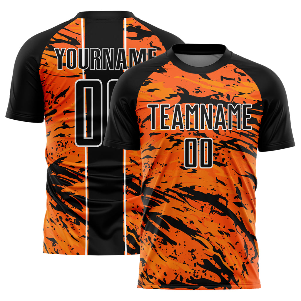 Custom Bay Orange Black-White Abstract Fluid Sublimation Soccer Uniform Jersey