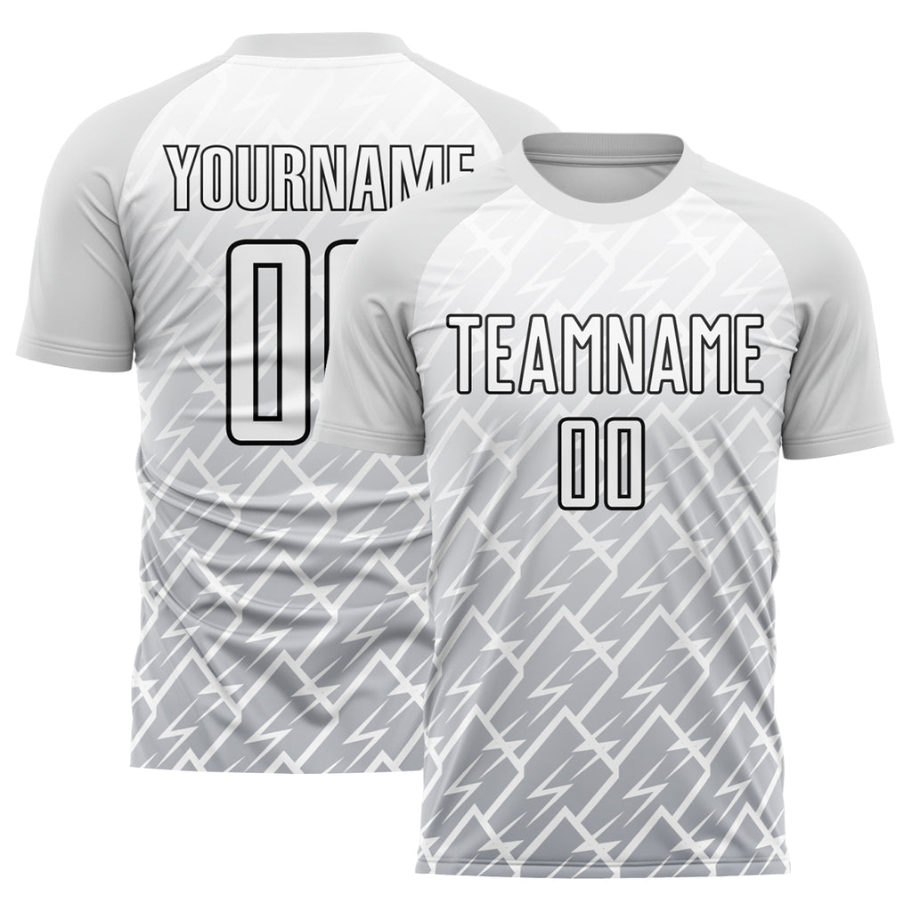 Custom White Gray-Black Lightning Sublimation Soccer Uniform Jersey