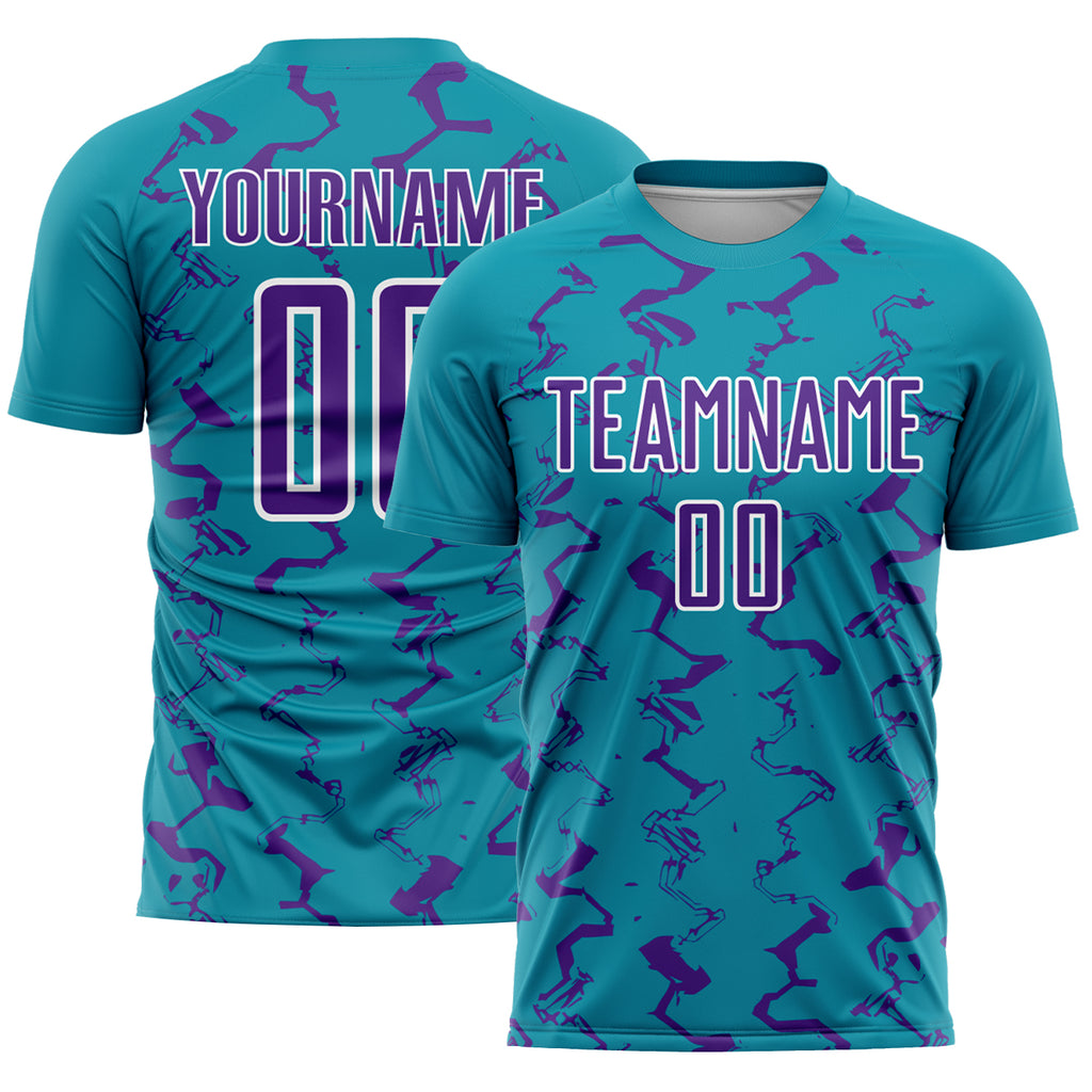 Custom Teal Purple-White Abstract Lines Sublimation Soccer Uniform Jersey