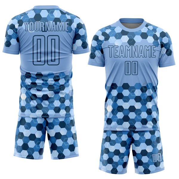 Custom Light Blue Black Geometric Shapes Sublimation Soccer Uniform Jersey