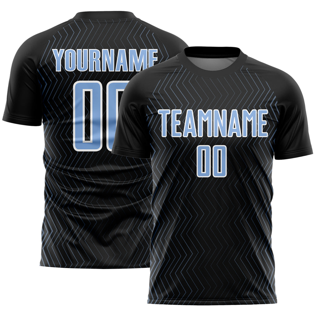 Custom Black Light Blue-White Geometric Lines Sublimation Soccer Uniform Jersey