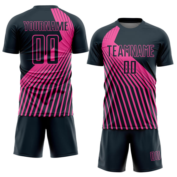 Custom Navy Pink Lines Sublimation Soccer Uniform Jersey