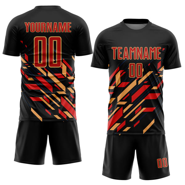 Custom Black Red-Old Gold Lines Sublimation Soccer Uniform Jersey