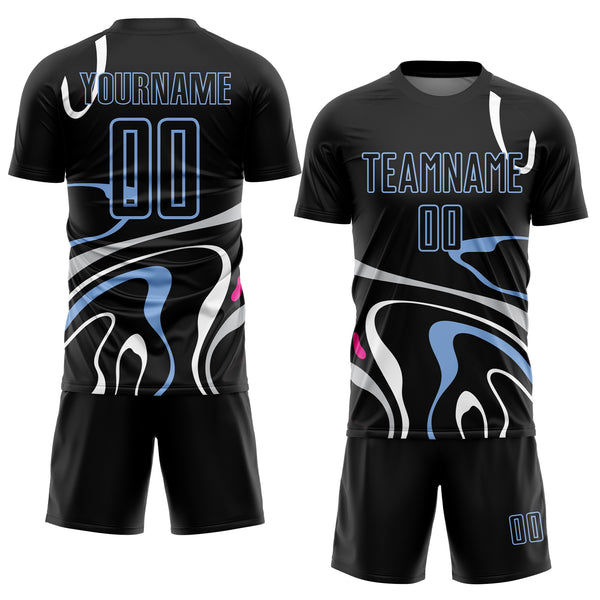 Custom Black Light Blue Fluid Shapes Sublimation Soccer Uniform Jersey